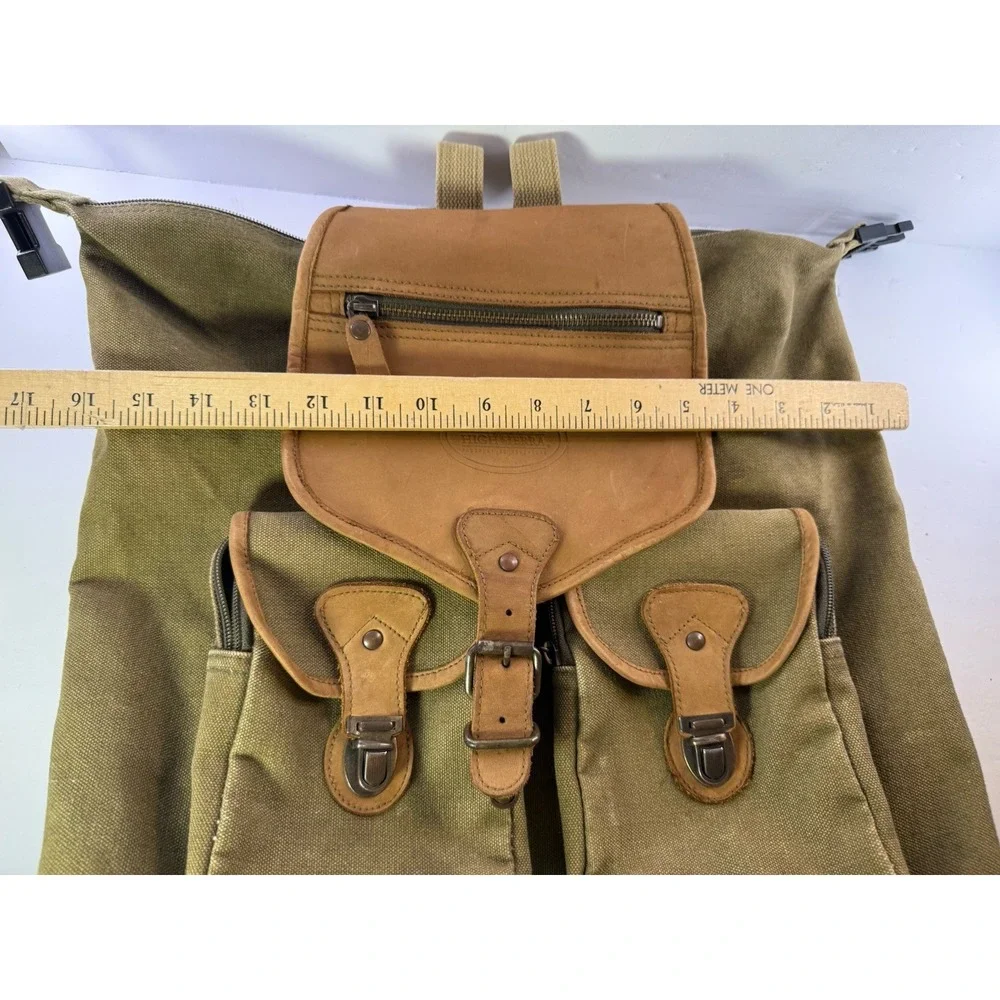 Vintage High Sierra Canvas Leather Backpack Rucksack Hiking Travel Bag Olive Tan